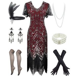 9342 1920s Sequin Beaded Tassels Hem Flapper Dress With 20s